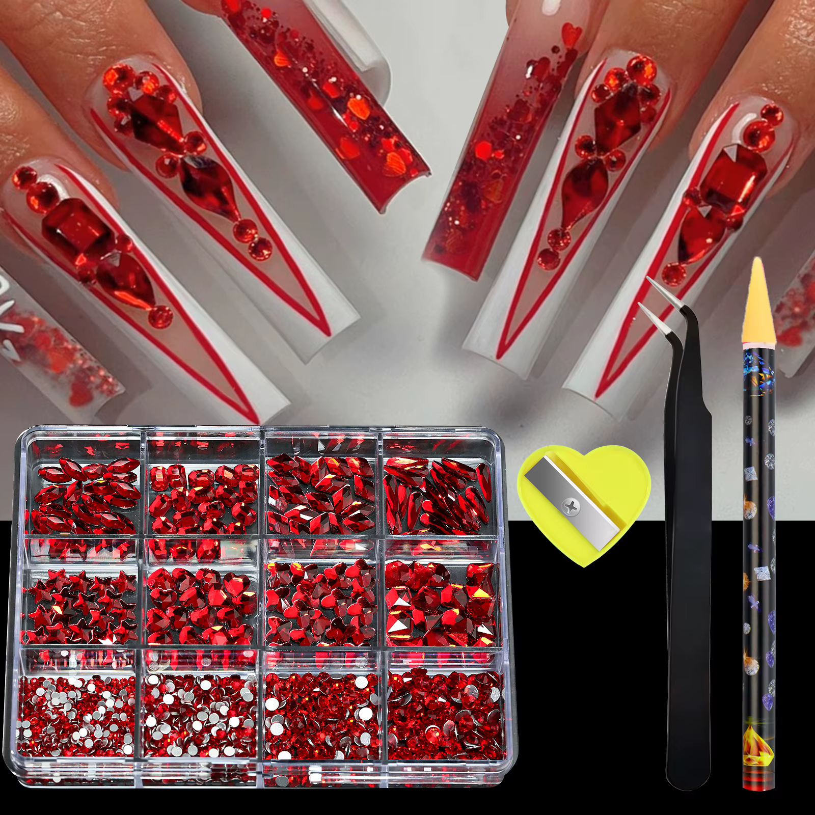 780-980 pièces 3D multi-formes luxe Nail Art strass clair/AB/rouge/bleu foret à fond plat avec stylo