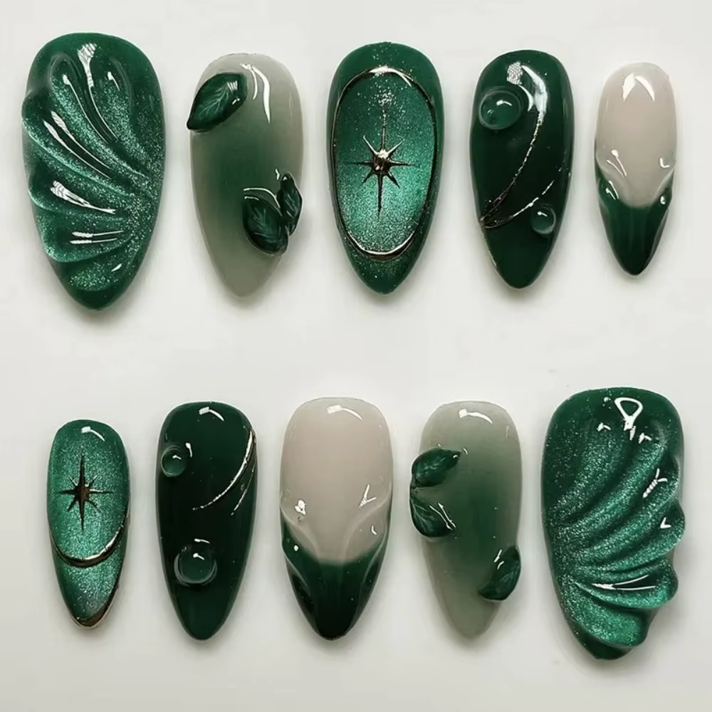 24 faux ongles à presser en amande française bleus, motif étoile, à coller, prêts à porter