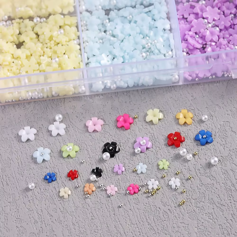 12 grilles de fleurs 3D colorées en acrylique pour nail art, mini fleurs à cinq pétales de 3/6/9 mm,