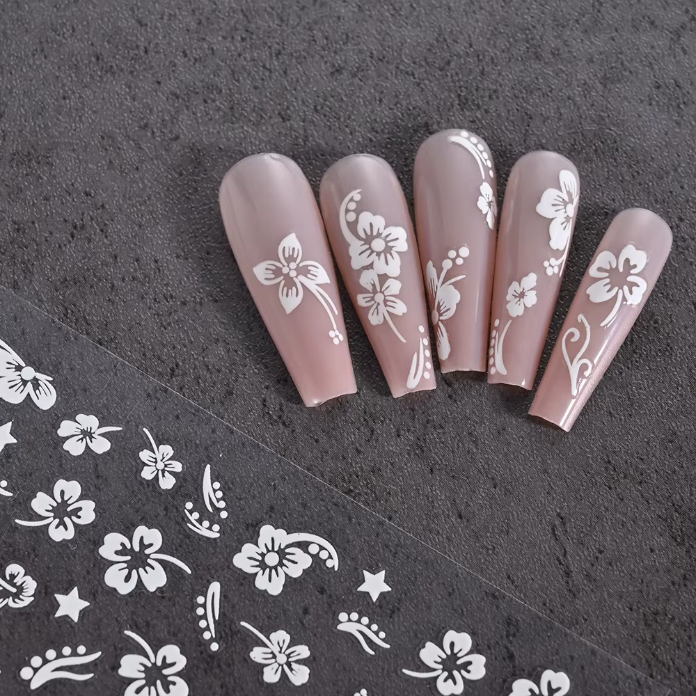 Autocollant en relief pour ongles, fleur d'hibiscus 5D, fleur en dentelle, pétale blanc rose, Floral