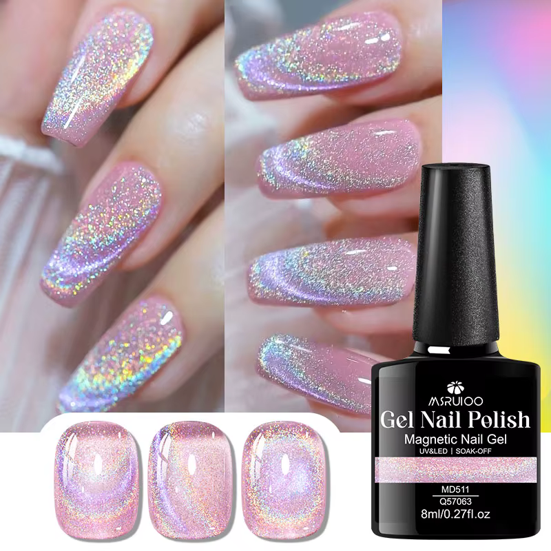 Vernis à ongles gel magnétique holographique effet arc-en-ciel, paillettes laser, semi-permanent, à