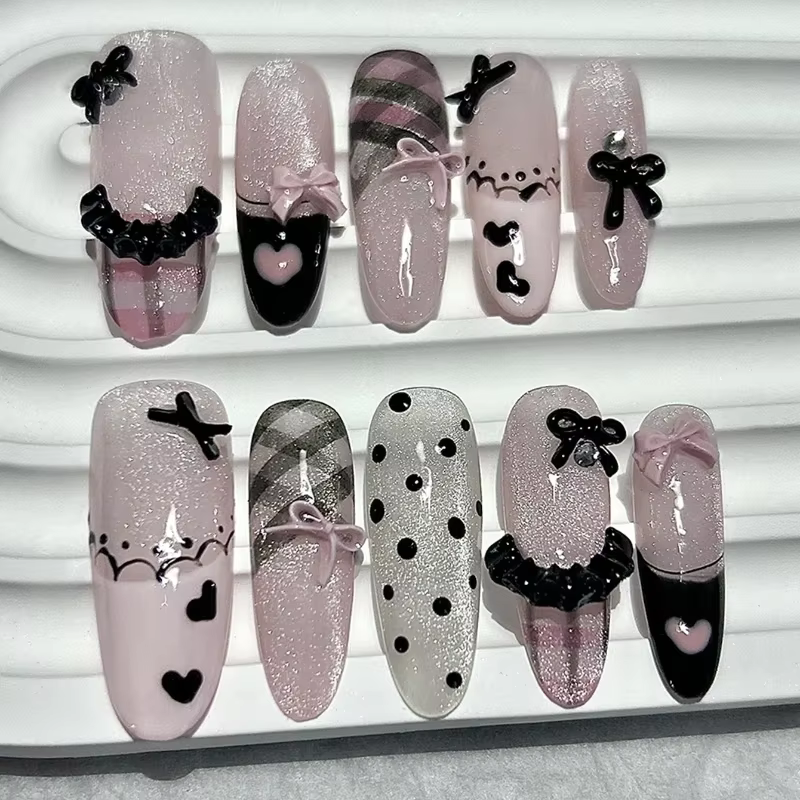 Noir rose doux français amande presse à la main sur les ongles grille à pois amour jupe Ballet faux
