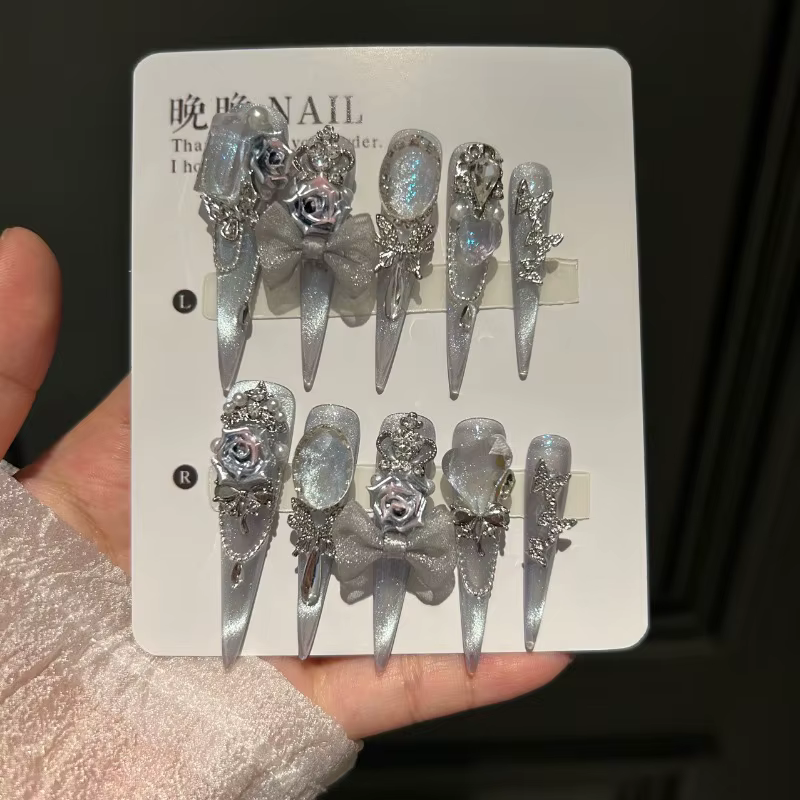 10 faux ongles faits à la main, style œil de chat, blanc clair, luxe, industrie lourde, blanchiment 