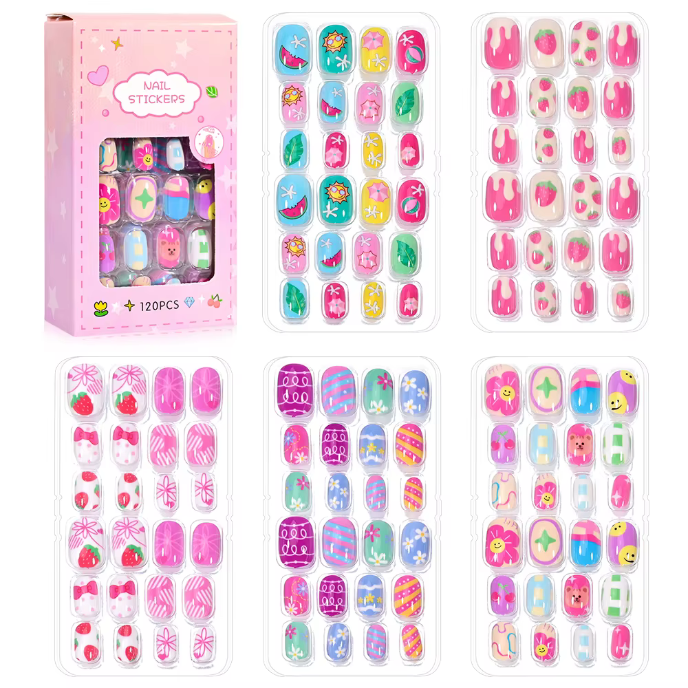 120 pièces/boîte dessin animé fille faux ongles conseils 5-12 ans mignon princesse chat/lapin/licorn