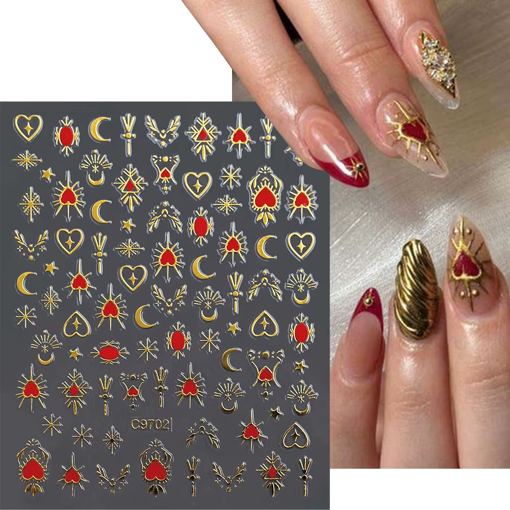 1 pièce Autocollants 3D pour ongles, Cœur d'amour doré bronzant, Y2K, Étoiles holographiques, Soleil