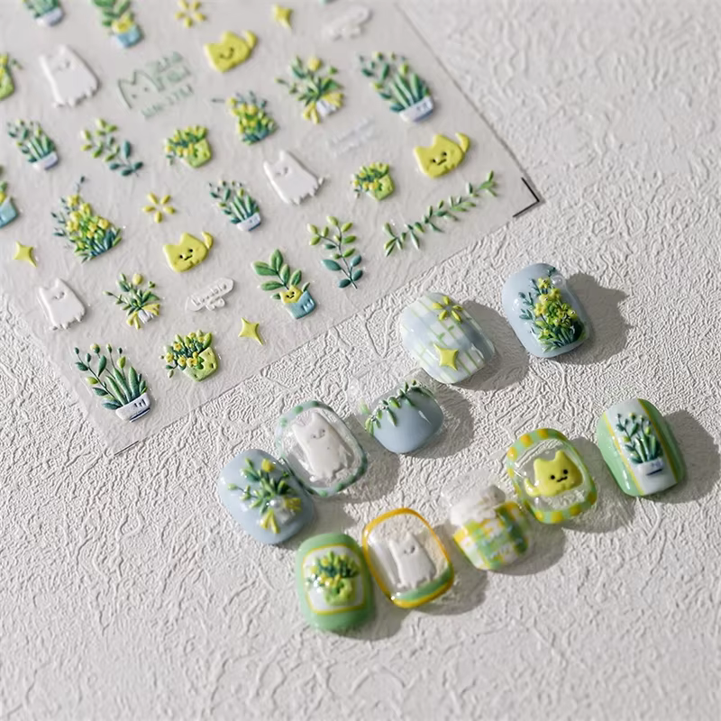 Autocollants pour ongles, 1 pièce, joli chat vert, plante en pot, fleurs, Reliefs 5D, autocollants a