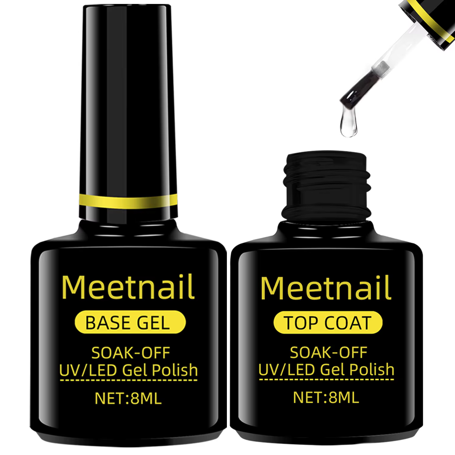 Lot de 2 vernis gel UV (base et top coat) sans résidu, haute brillance, longue tenue, pour lampe LED