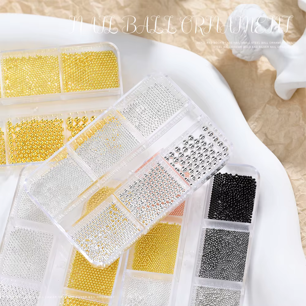 6 grilles 6 tailles de perles métalliques dorées, breloques pour Nail Art, perles de Caviar 3D pour 