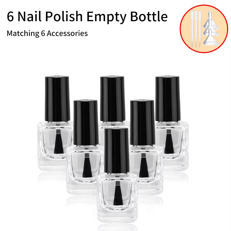 6 pièces + 6 accessoires bouteilles de vernis à ongles vides avec entonnoir à brosse avec 6 bouteill
