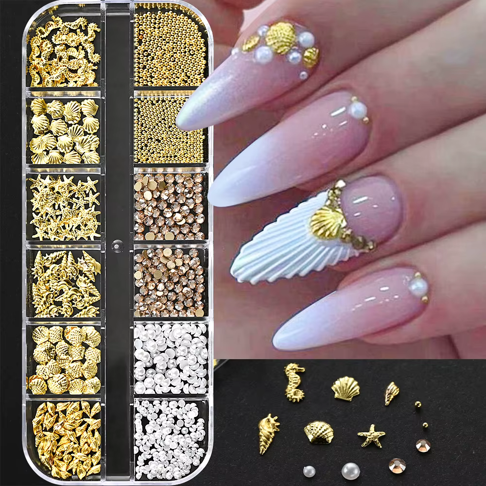 12 grilles océan or Nail Art breloques coquille/hippocampe/étoile de mer blanc demi-rond perle gemme
