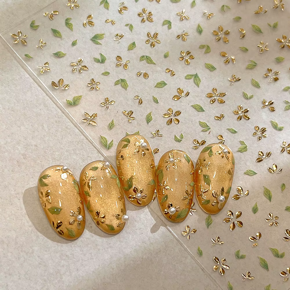 Autocollant pour ongles en feuille d'or, fleur à cinq pétales, fleurs de printemps bronzantes, suppo