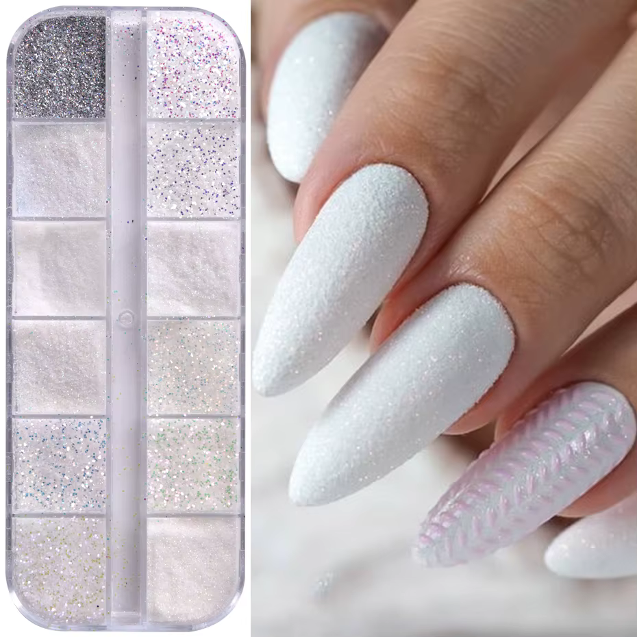 Poudre à paillettes pour ongles, 12 grilles, sucre blanc brillant, flocons fins irisés, poussière pi