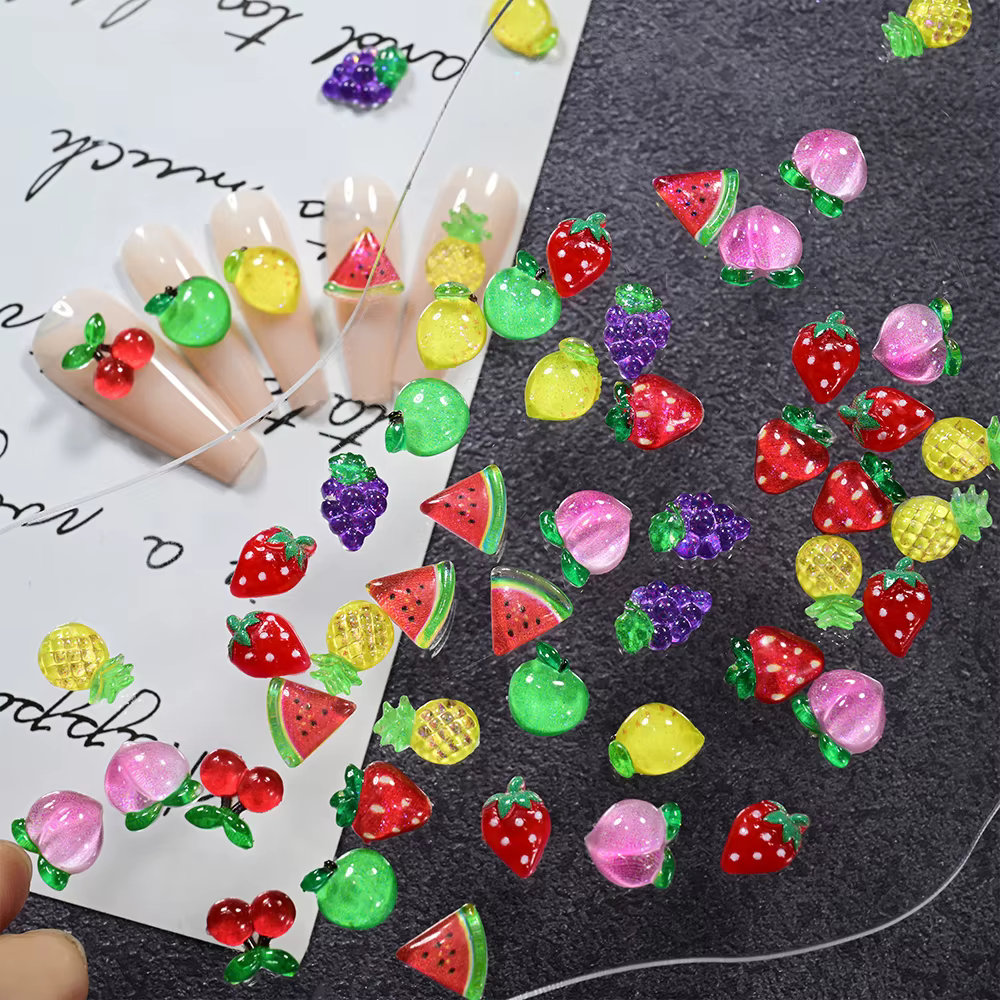 Breloques pour ongles Fruits d'été 3D, 50 pièces, Mini résine pastèque/cerise/fraise/citron/pomme, d