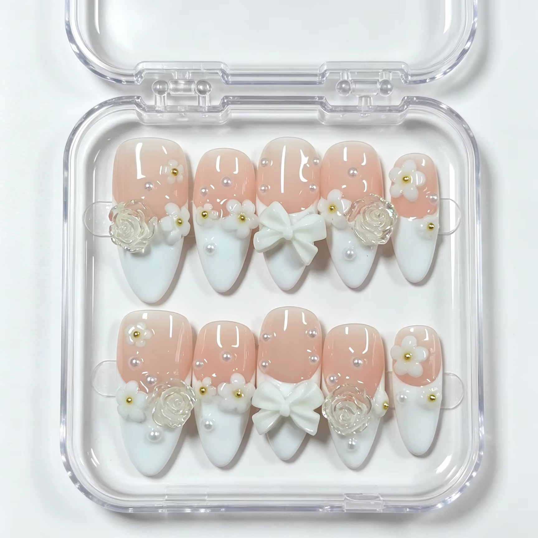 10 faux ongles en forme d'amande pressés à la main, magnifiques faux ongles, roses dégradées rose nu