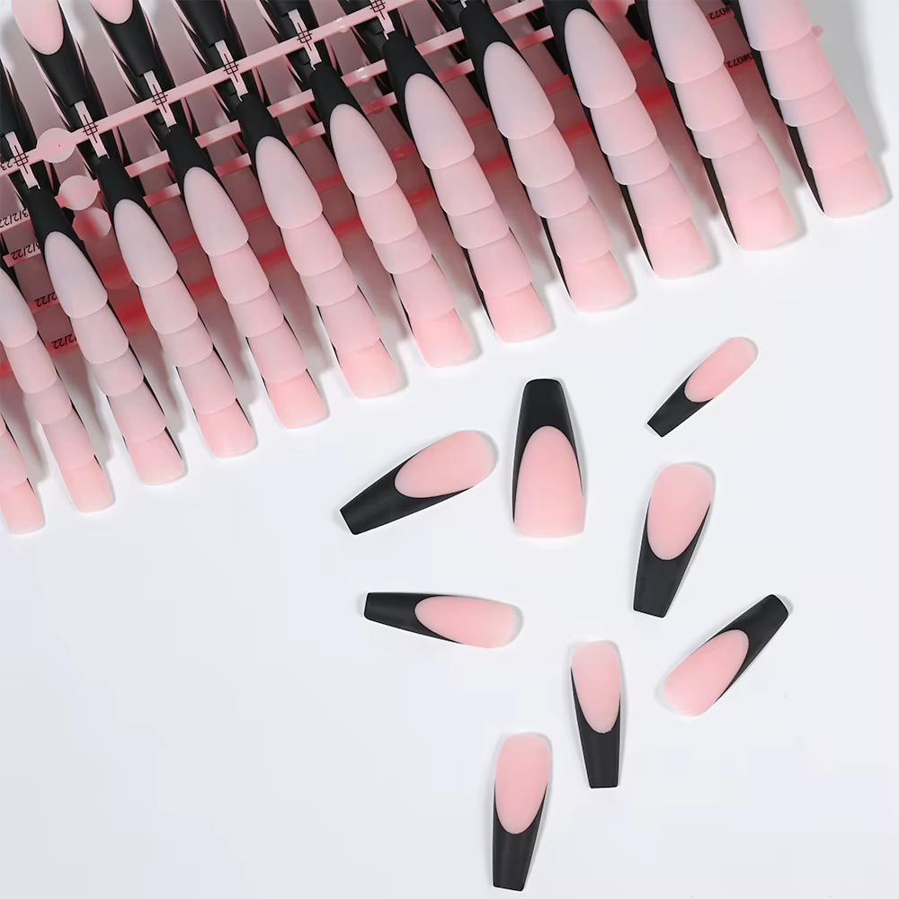 Faux-ongles en Gel français noir, 120 pièces, longs cercueil mats, à pression, 12 tailles, pré-durab