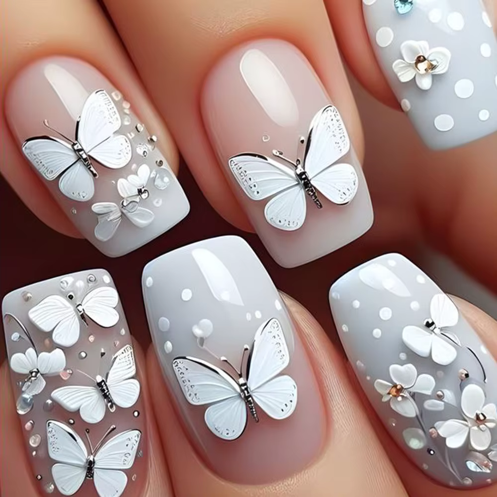 Faux ongles carrés mi-longs pour femmes et filles, jolies fleurs en forme de cœur, plumes et papillo