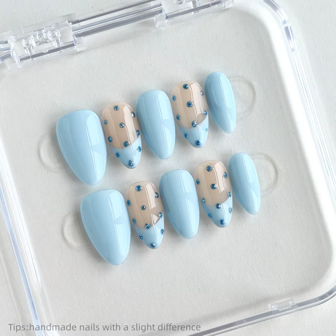 10 pièces à la main nu bleu à pois presse française sur les ongles amande portable réutilisable élég