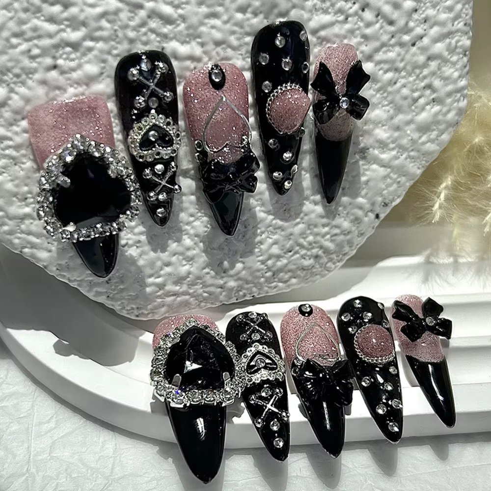 10 pièces Y2K Gyaru Kei noir rose longue pointe à la main presse sur les ongles Jirai arc amour diam