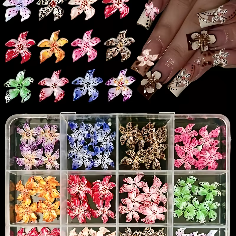 12 Grilles de Breloques pour Ongles en ABS à Motifs Léopard Assortis, Fleurs Y2K Dégradées à Pois, A