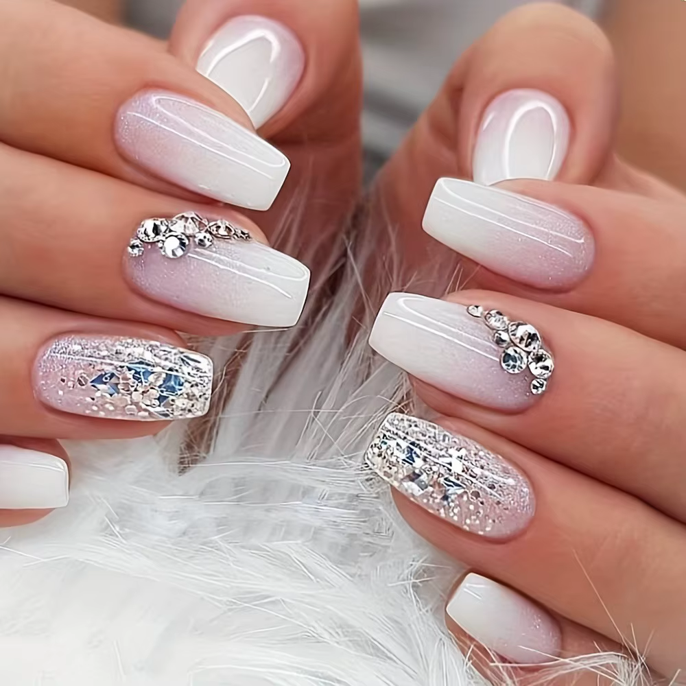 24 faux ongles carrés courts en forme de cercueil avec colle, faux ongles français à paillettes, ens