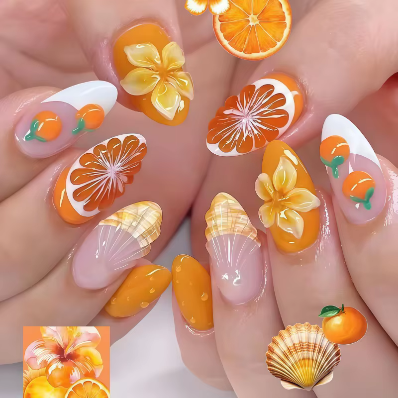 Nouveauté 2026 – 30 faux ongles 3D en forme d'orange, dégradé orange, pour nail art