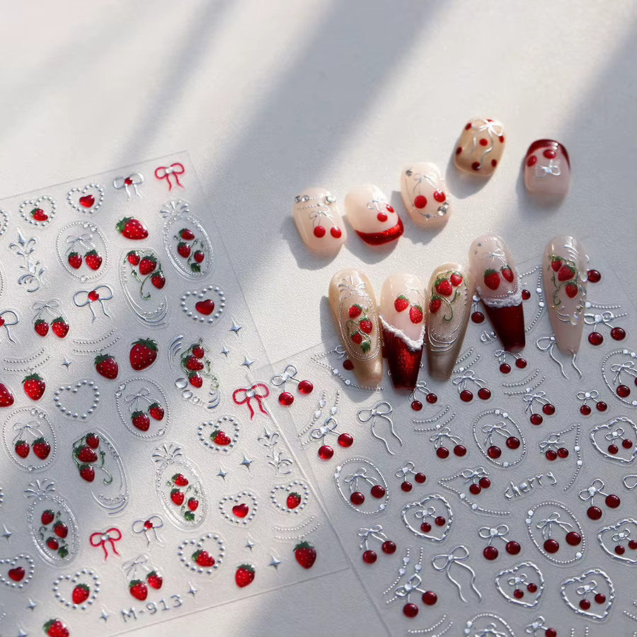 Autocollants 5D pour Nail Art, Fruits frais, fraise, cerise, nœud papillon, cœur d'amour, citron, dé