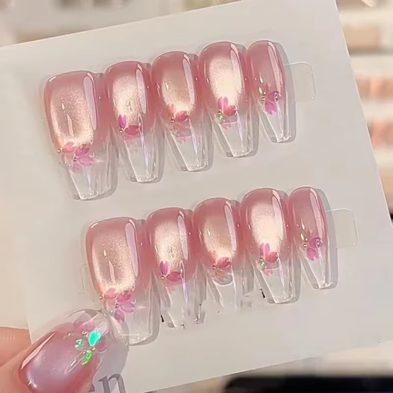 10 pièces Aurora oeil de chat presse à la main sur les ongles rose fleur de cerisier faux ongles fle