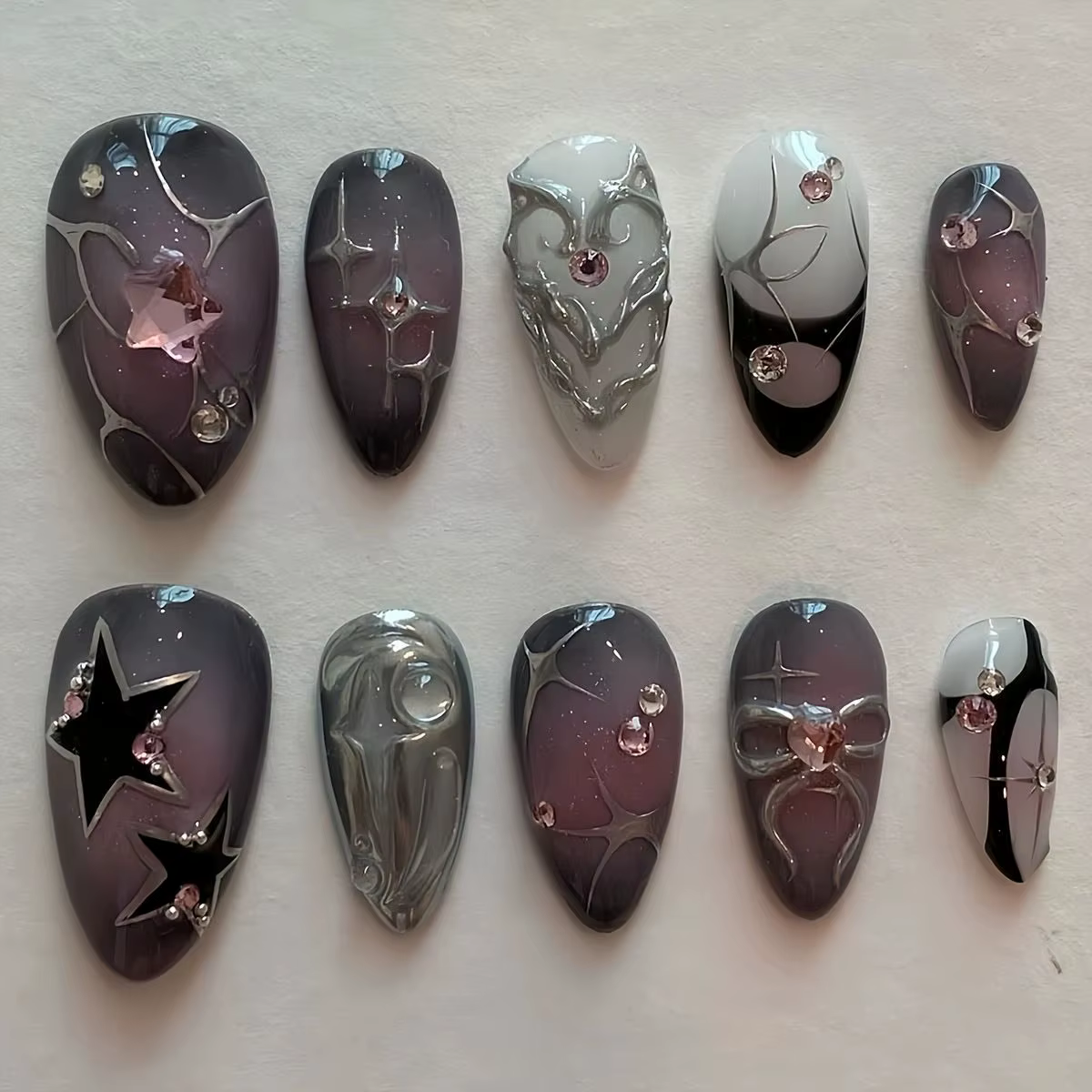 Faux ongles violet foncé, Design diamant 3d, à pression faite à la main, couverture complète, portab