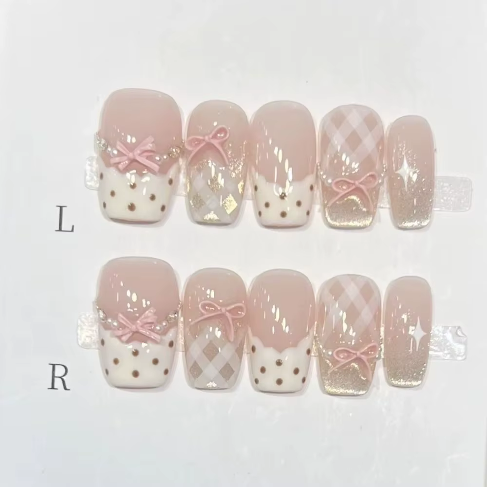 Faux ongles de Ballet mi-longs, 10 pièces, à la mode, œil de chat rose, joli nœud, ensemble d'ongles