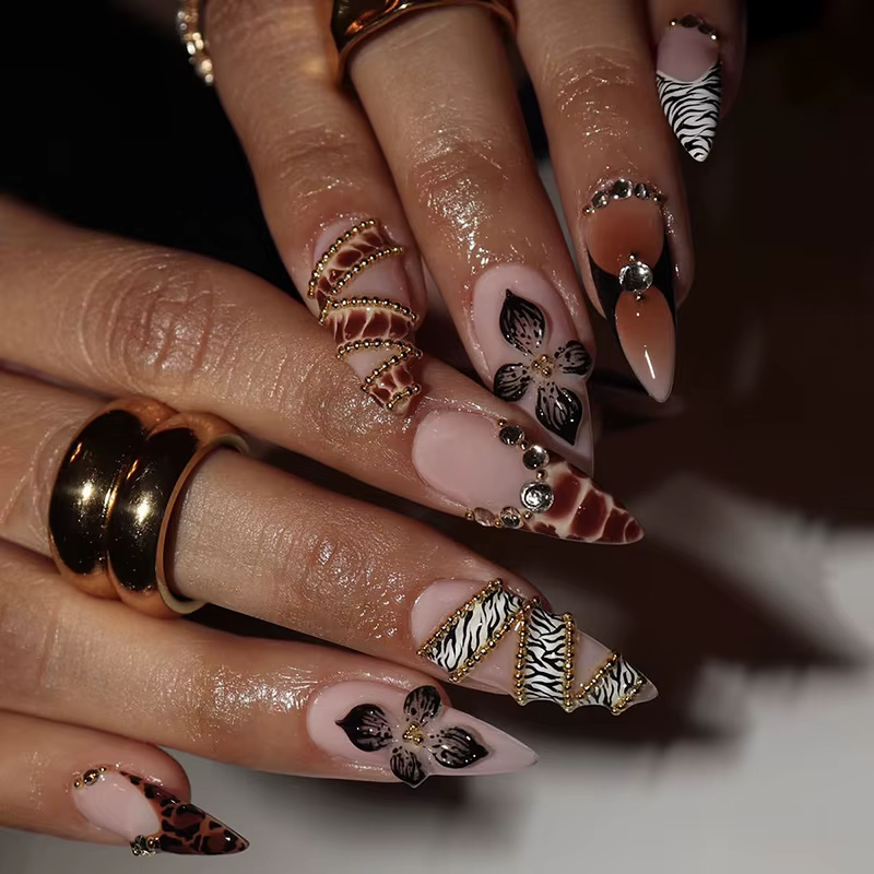Faux ongles français imprimé léopard, 24 pièces, fleur 3D, Rose dorée, mi-longs, amande, couverture