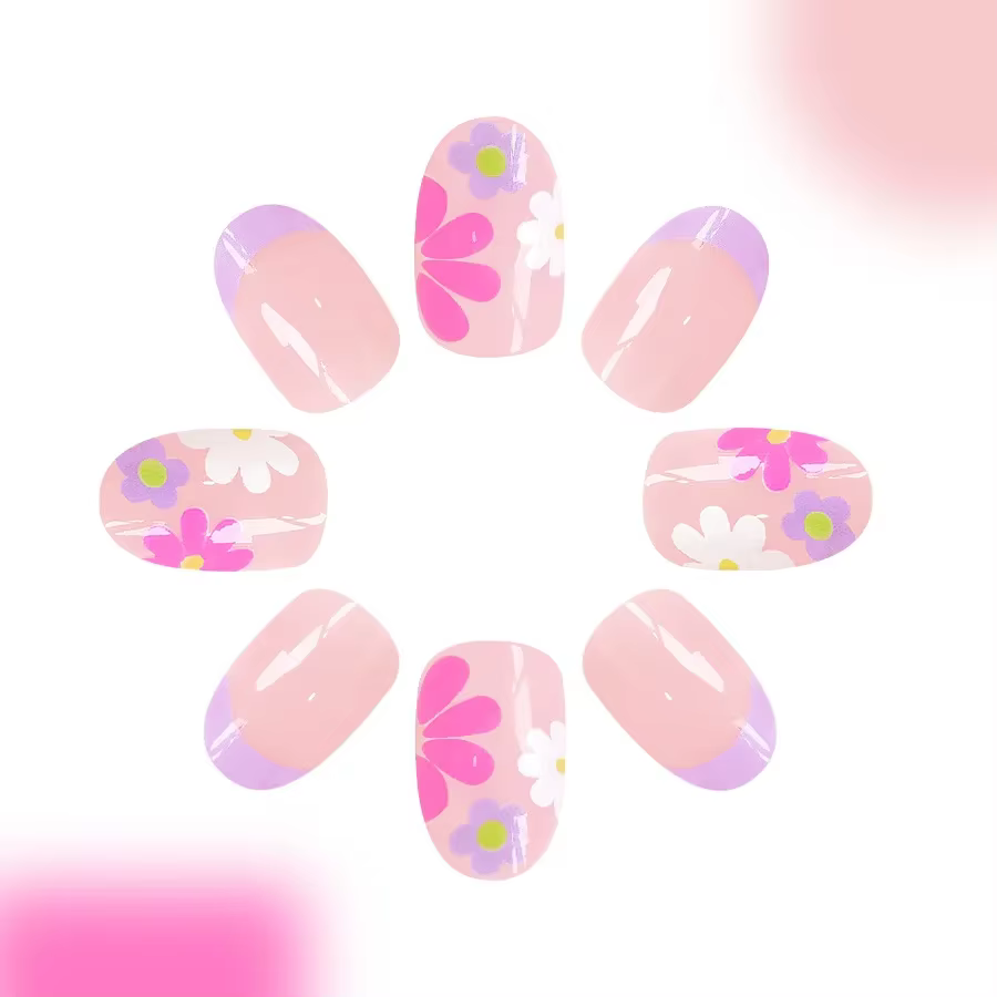 Faux ongles courts à pression en amande, 24 pièces, pointe française florale rose, brillants et élég