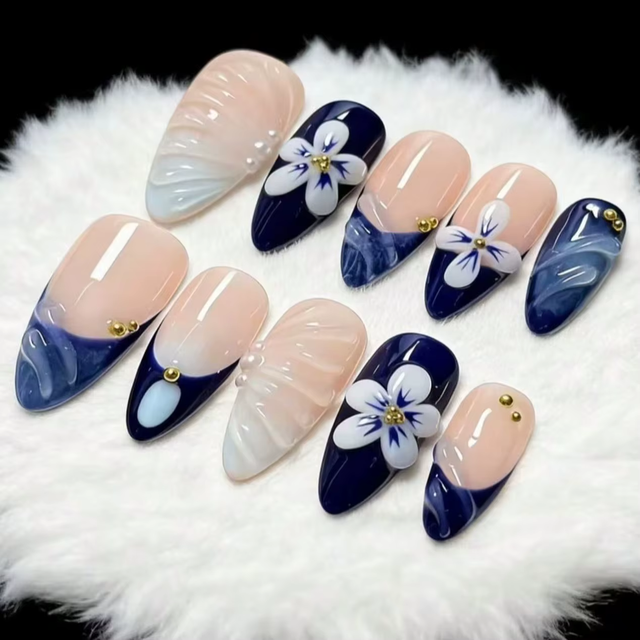 Ensemble de 10 pièces de nail art fait main, de style français, en forme d'amande, à motif vague gau