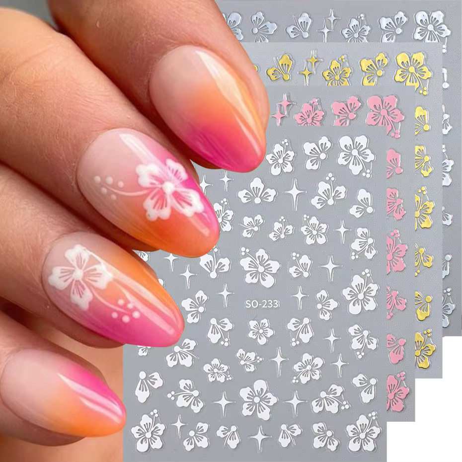 Autocollants 3D en forme de fleur d'hibiscus pour nail art, décalcomanies florales blanches, roses,