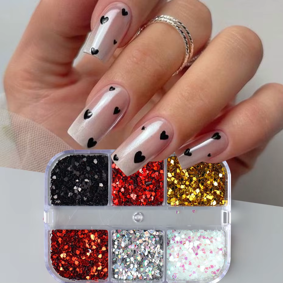 6 grilles Y2K mignon coeur paillettes ongles paillettes Kawaii Mini Laser doré argenté amour flocon