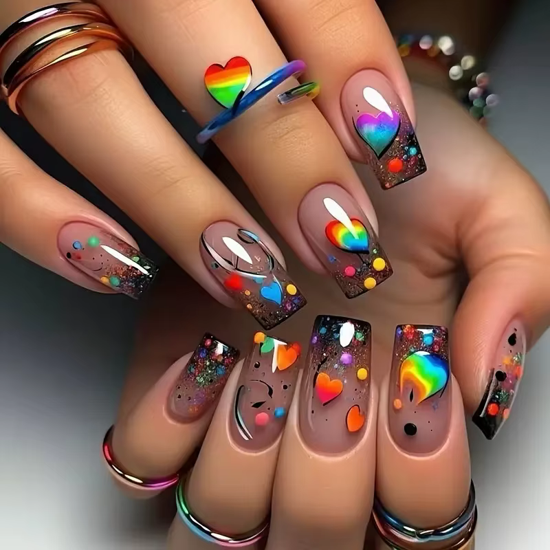 Faux ongles carrés mi-longs pour femmes et filles, jolies fleurs en forme de cœur, plumes et papillo