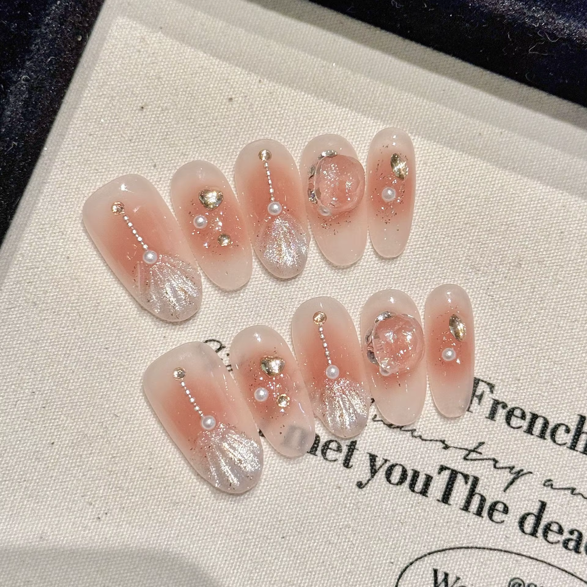 10 pièces à la main sirène presse sur ongles paillettes dégradé bleu faux ongles avec perle brillant