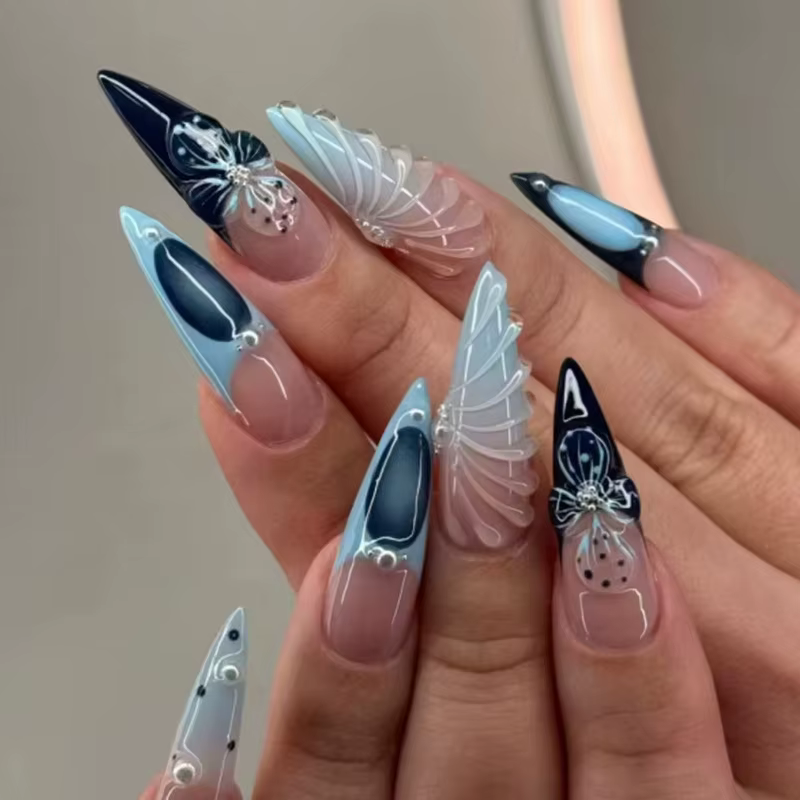 Faux ongles noirs Y2k avec diamant, longs amandes, Design papillon, à pression ovale, pour Halloween