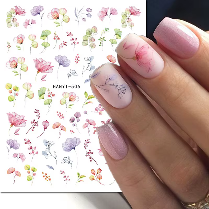 Autocollants 3d pour Nail Art, fleurs aquarelle, violet, vert, rose, feuilles, fruits, curseur adhés