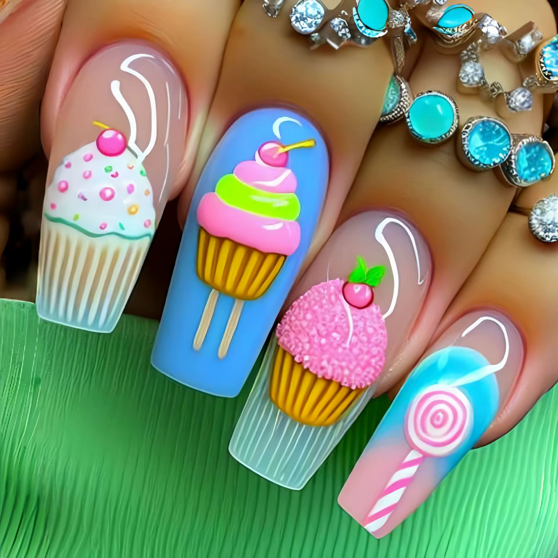 24 pièces Macaron crème glacée presse sur les ongles jour d'été doux détachable faux ongles coloré a