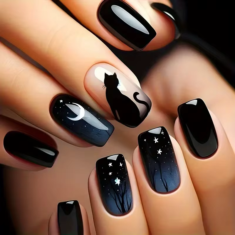 Colle pour faux ongles en acrylique, 24 pièces, courte, carrée, brillante, chat noir, pâte dégradée 