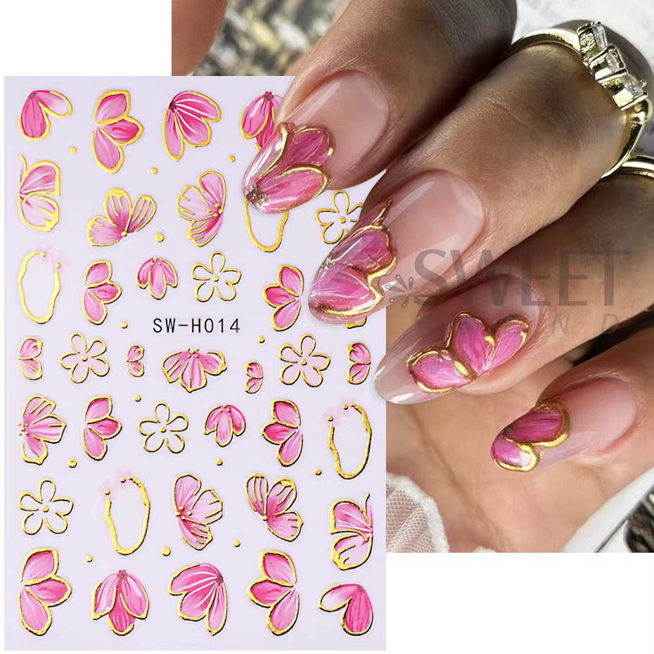 Autocollants pour ongles fleur d'hibiscus rose doré, 2/3 pièces, pétales de bordure bronzants 3D, cu