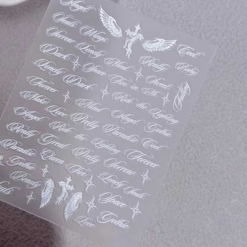 Autocollants pour ongles en forme d'ailes d'ange, noir et blanc, alphabet 3D, motifs mixtes, décorat