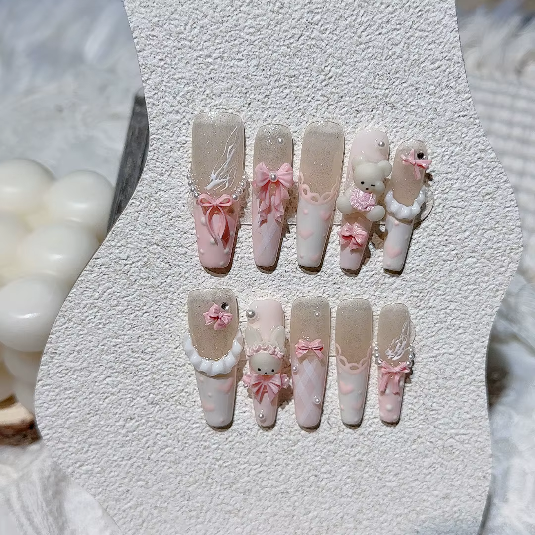 Faux ongles avec nœud rose, 10 pièces, Design ours mignon, doux, français, à pression, pour dame et