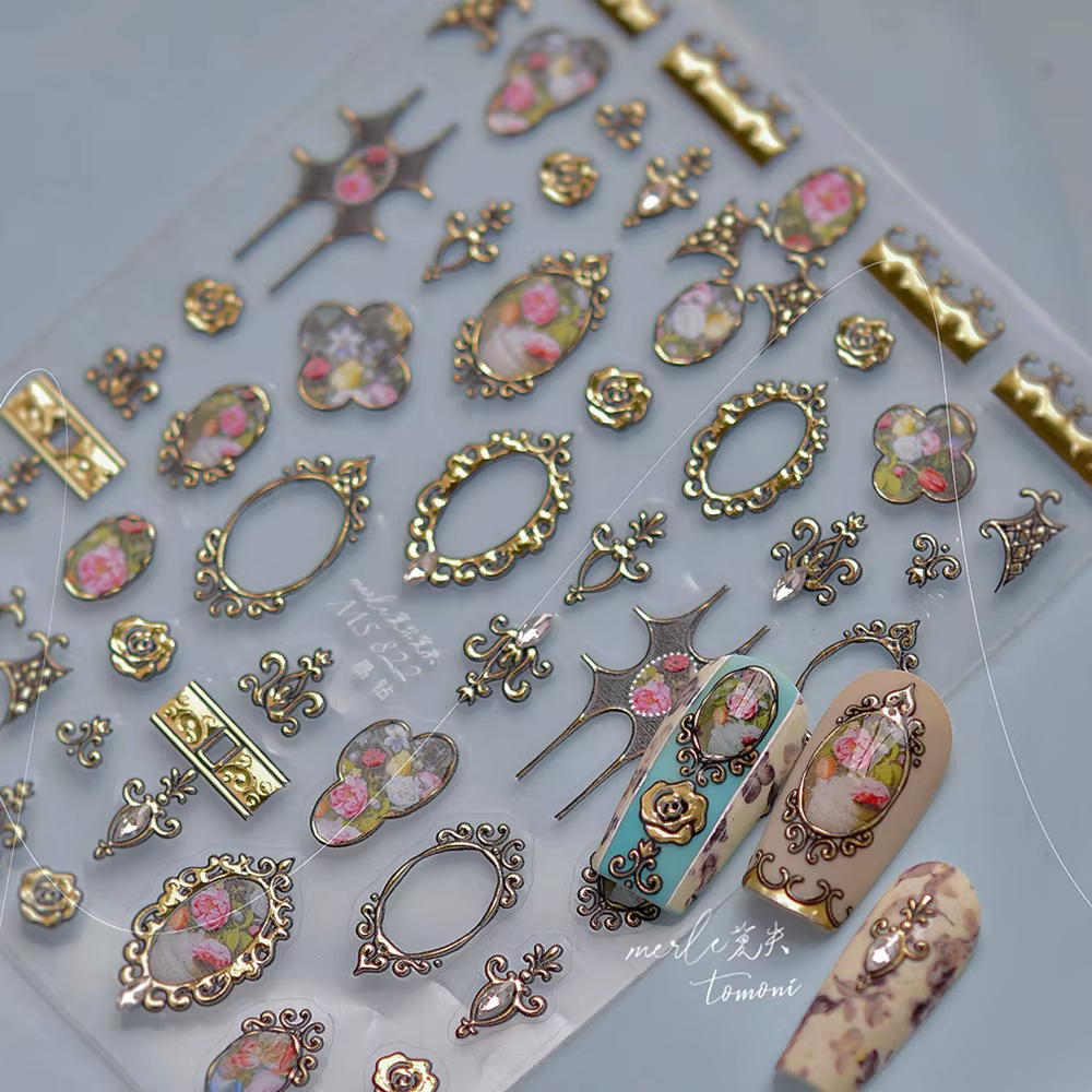 Autocollants de luxe 5D floraux pour Nail Art, or argent, cadre métallique de Style chinois, strass 