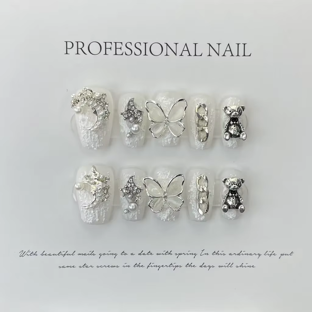 Faux ongles en cristal laiteux, papillon, ours Él, rétro, n64, gypse blanc, usure des mains, autocol