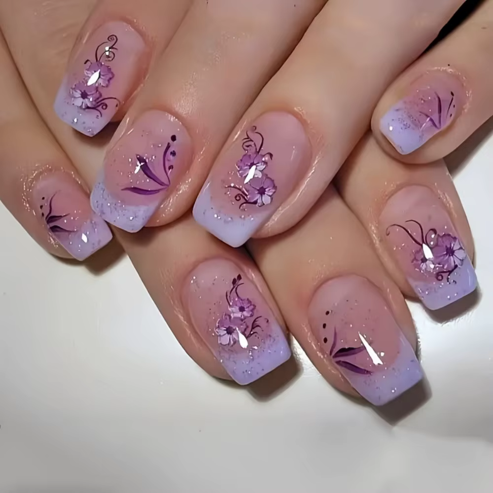 24 faux ongles autocollants brillants motif fleur violette, style printemps, très tendance, couvranc
