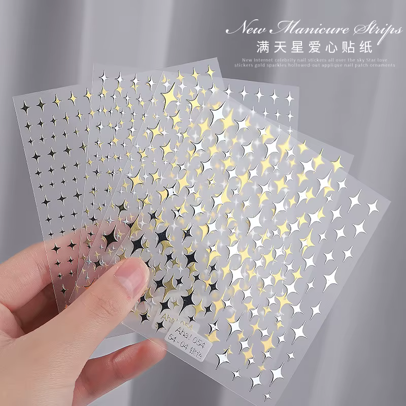 Autocollants 3D étoile or argent pour Nail Art, décalcomanies croissant de lune noir et blanc, autoc