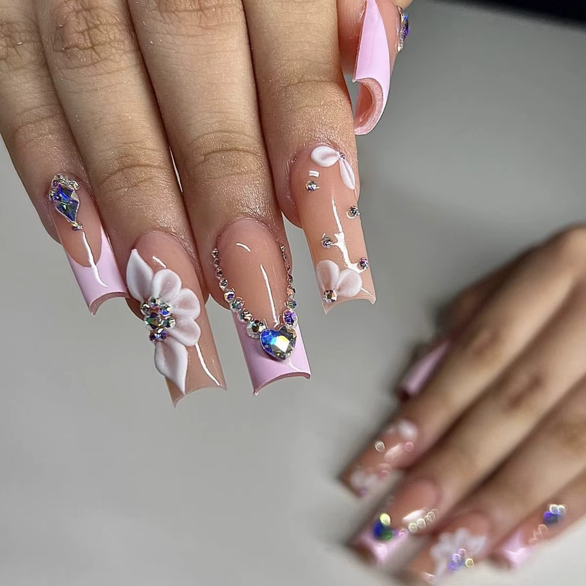 Faux ongles à bordure française dorée, longs cercueil, avec strass, ballerine, couverture complète, 