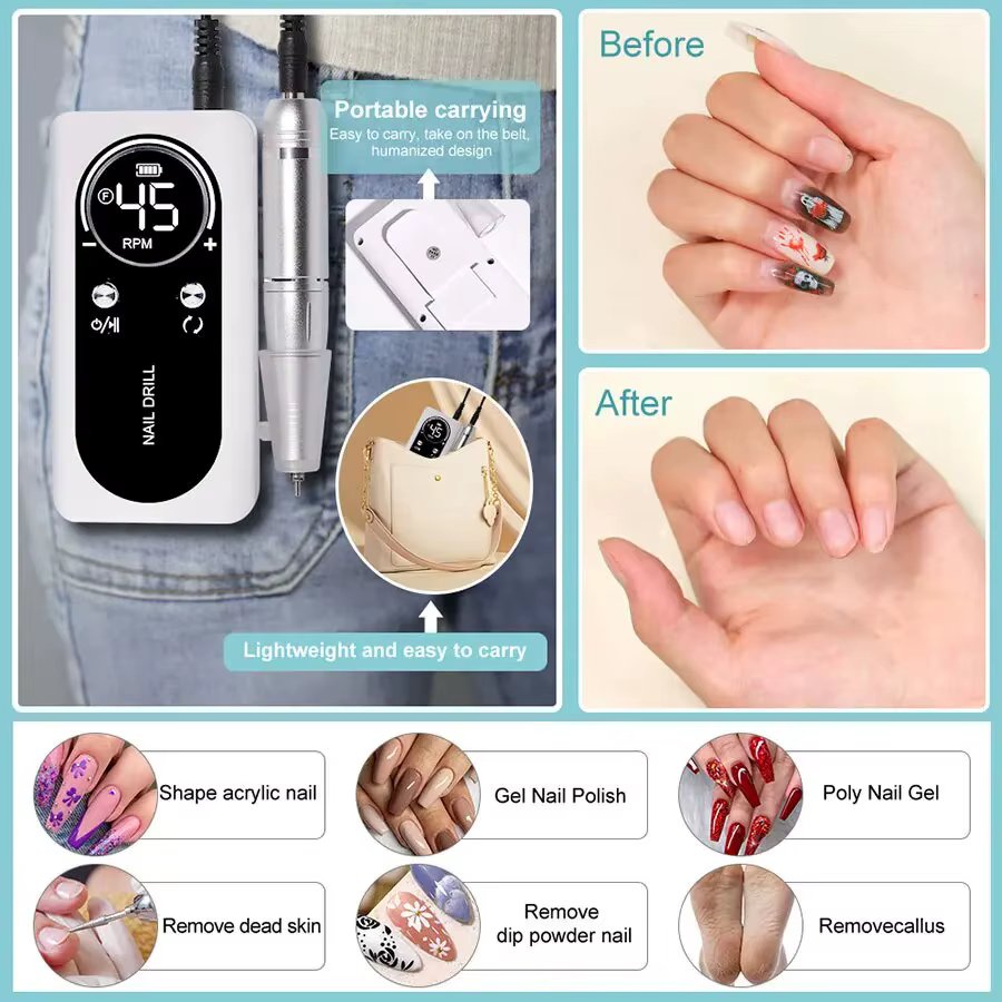 Perceuse à ongles électrique Portable professionnelle 45000 tr/min, lime de ponceuse à ongles Rechar