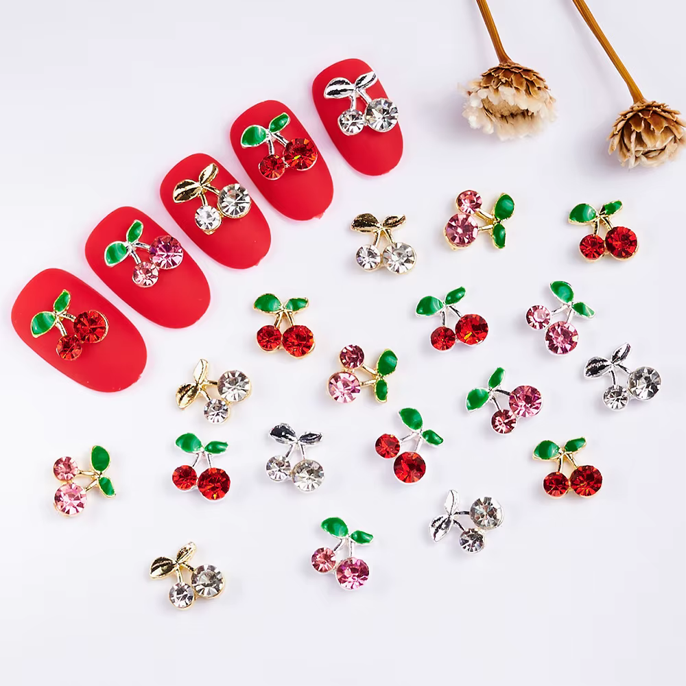 Breloques pour ongles cerise 3D, 20 pièces/sac, rouge et rose, strass, gemmes pour ongles, paillette